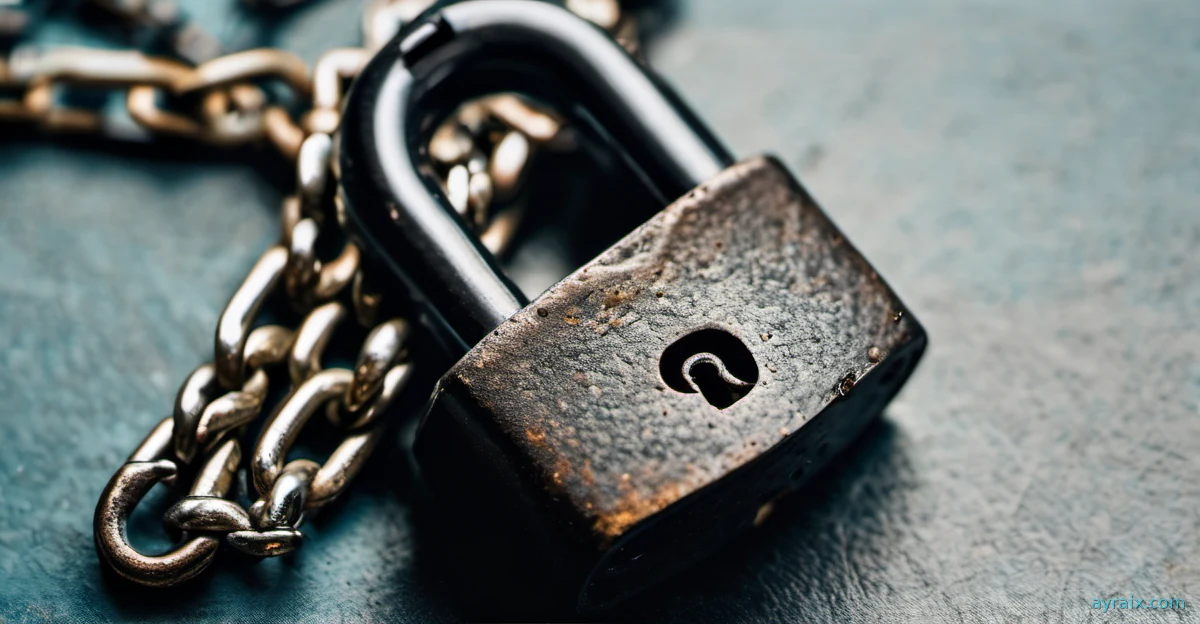 Macro photo of a heavy steel padlock and chain on a dark metal surface