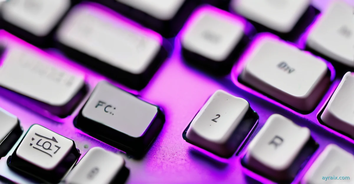 Macro photo of a mechanical keyboard with violet backlit keys glowing in darkness