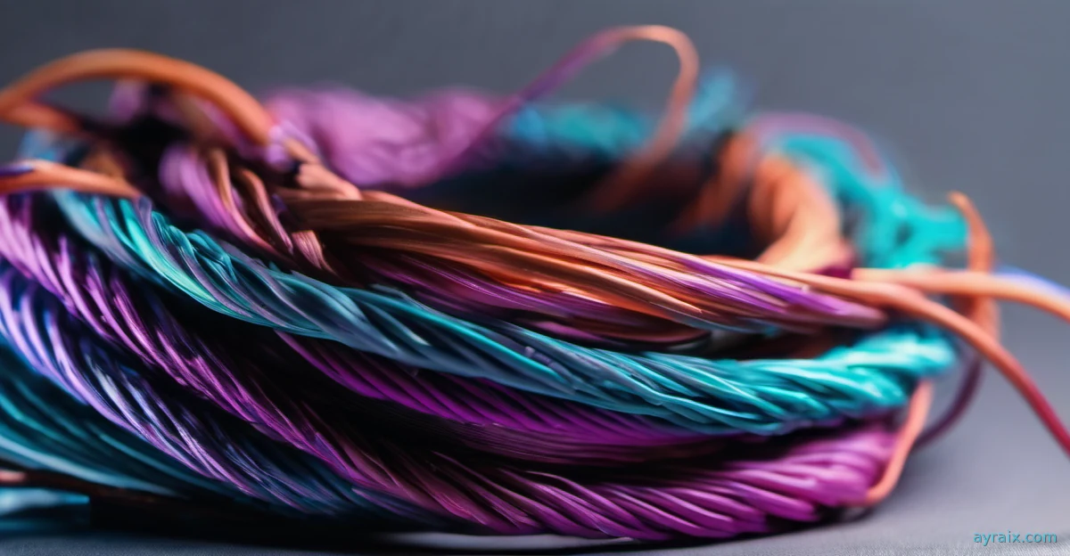 Tangled bundle of cyan and violet fiber optic cables glowing at the tips in darkness