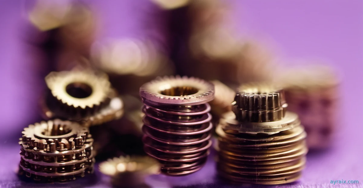 Macro photo of brass clockwork gears and springs meshing together under violet light