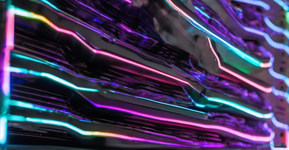 GPU server rack with cyan and violet neon light streaks reflecting off polished metal