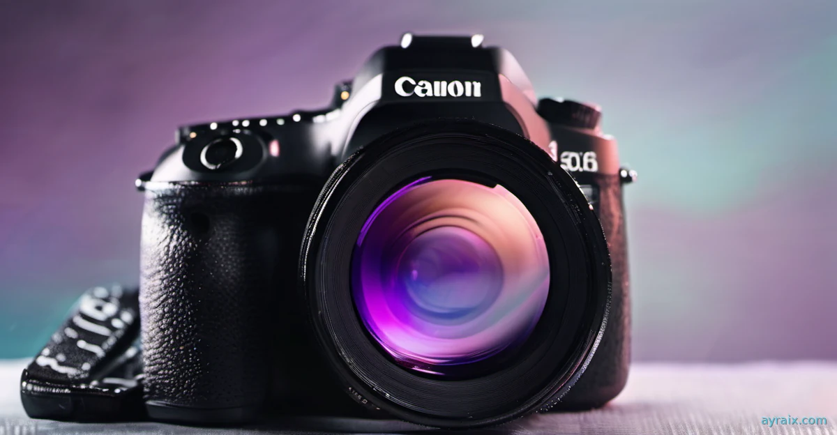 Macro photo of a camera lens aperture blades opening with colorful violet and cyan bokeh light reflections
