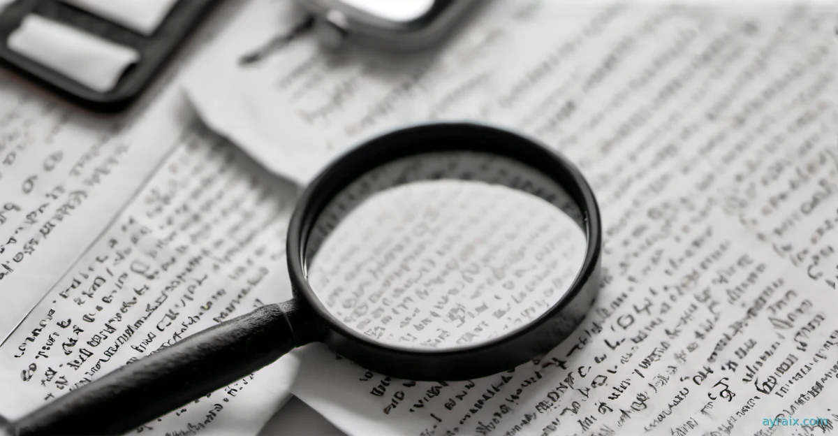 A magnifying glass held over a blurred stack of paper documents