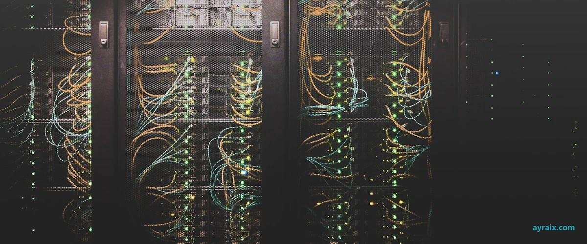 Server rack aisle for private GPU eval runners — ayraix.com branded editorial