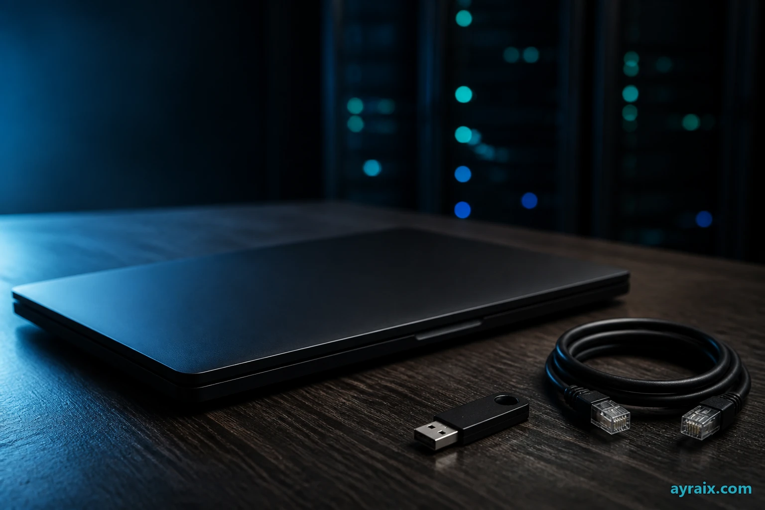 Closed laptop, hardware security key, and ethernet cable on a dark desk under cyan light
