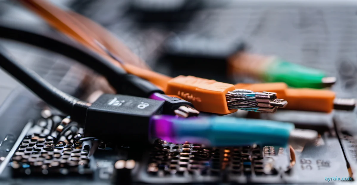 Close-up of a network switch with cyan and violet fiber cables plugged in