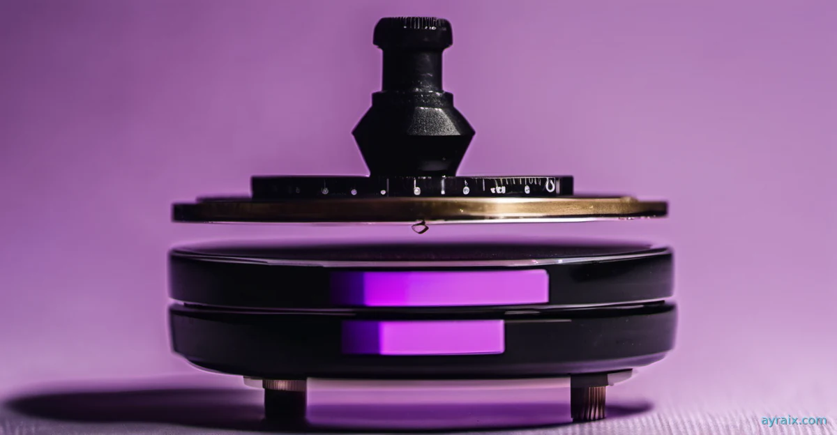 A small precision metal scale balancing perfectly under violet light