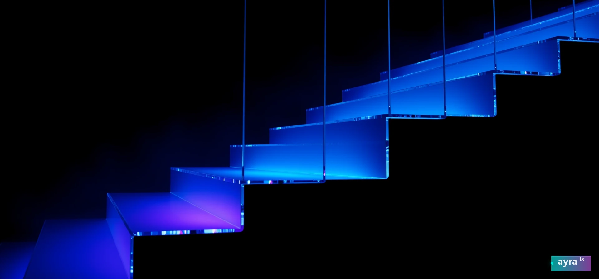 Cascading staircase of translucent glass panels glowing blue and violet