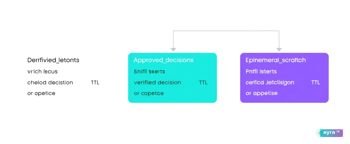 Memory tier architecture showing write gates filtering data into verified facts, approved decisions, and ephemeral scratch stores.