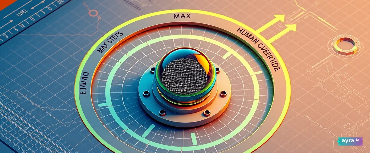 Clean technical diagram: agent orb at center surrounded by four concentric guardrail rings labeled TIMEOUT, RETRY BUDGET, PERMISSION SCOPE, BUDGET CAP. Human override lever at bottom glowing green. Clean isometric view, editorial tech illustration, no people.