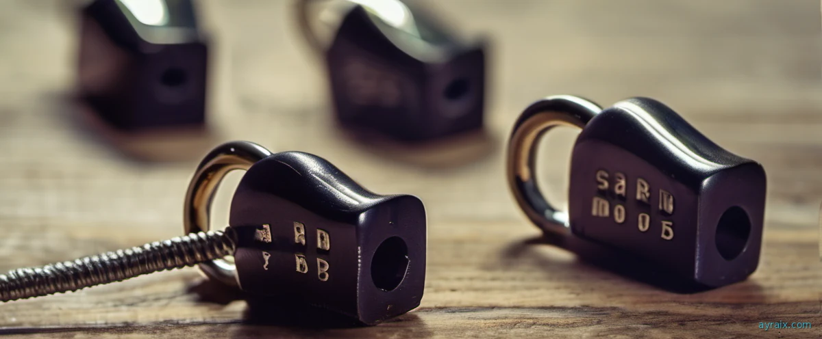 A row of identical padlocks being tested by a single key on a metal bench. Security testing metaphor. Warm amber workshop lighting. Industrial macro photography.