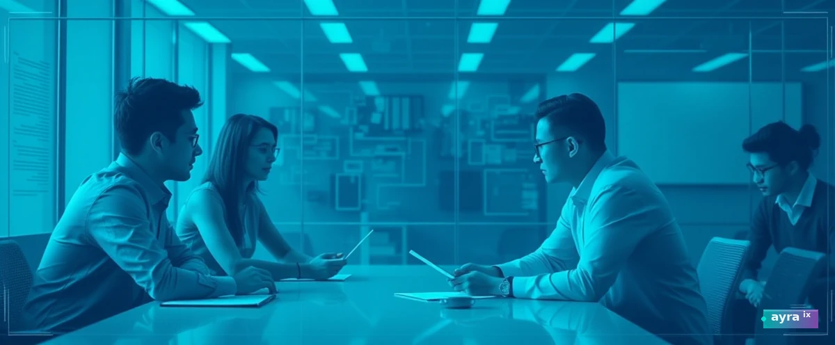 Enterprise team discussing lightweight governance policies. Minimal frame blocking real incidents. Cyan and indigo tones, editorial office scene, blueprint aesthetic.