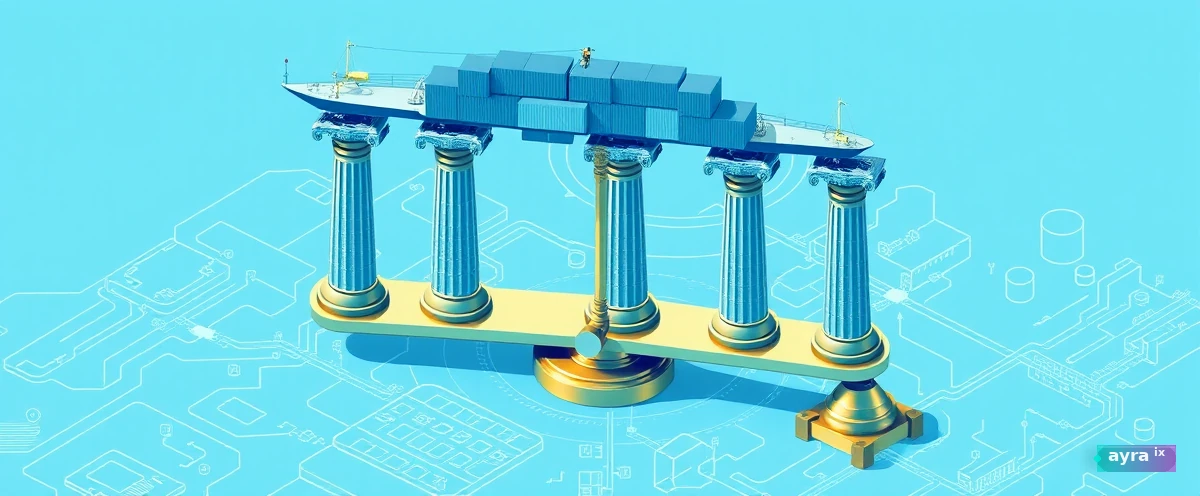 Five governance rule pillars supporting a shipping pipeline without bureaucratic weight. Stone weights on a brass scale. Clean isometric blueprint view, cyan-indigo palette.