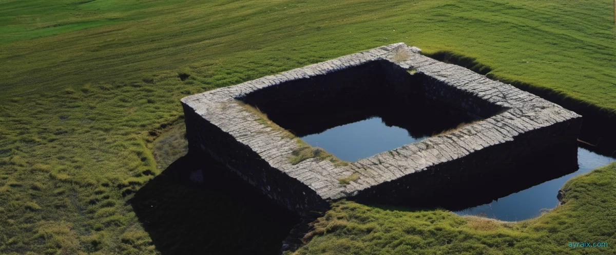 A deep water-filled moat surrounding a small stone structure