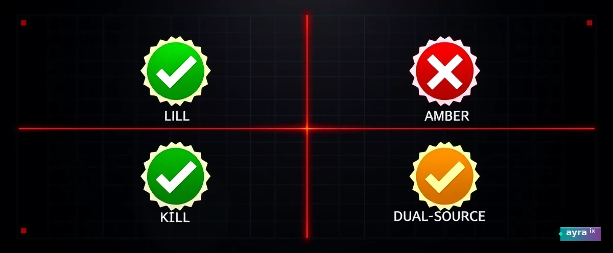 Clean 2x2 decision matrix on dark grid. Four quadrants with green check / red X badges.