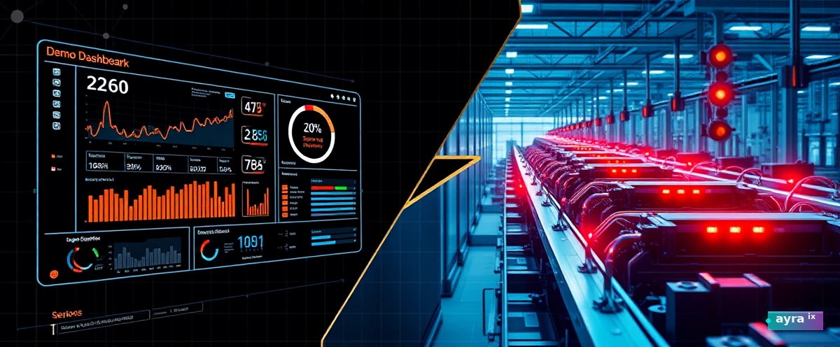 Polished demo stage connected to a stalled industrial conveyor with frozen KPI warnings