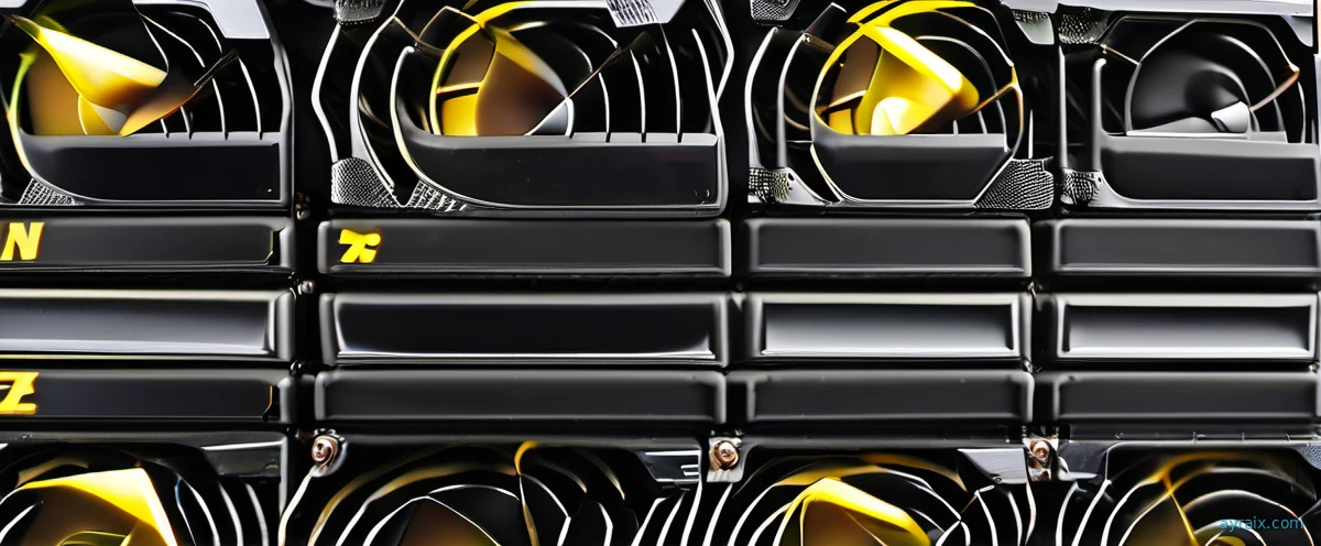 A row of GPU cooling fans mounted in an expanding rack configuration. Consumer GPU expanded into miniature datacenter.
