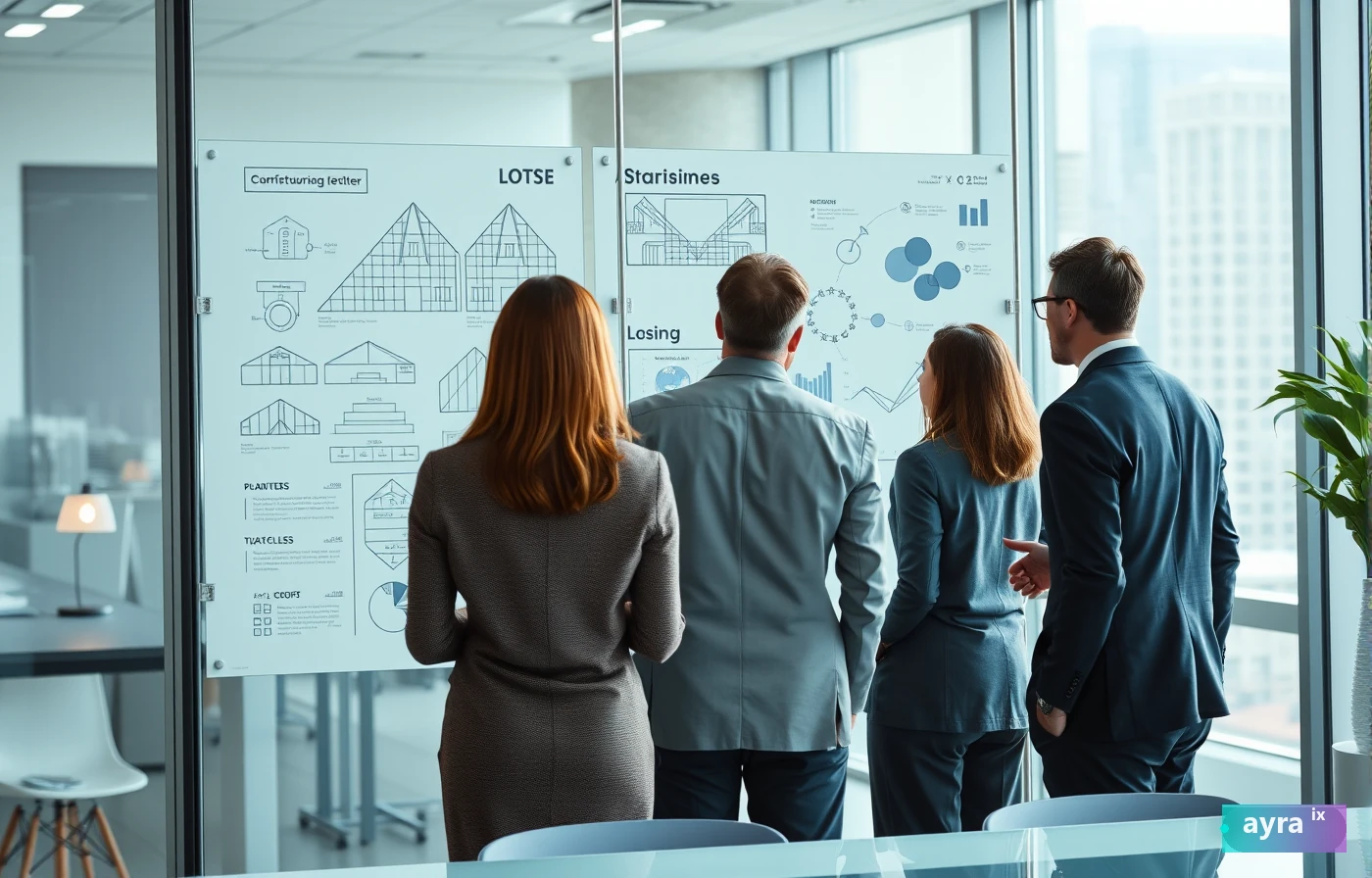 Team collaborating at a glass whiteboard in a modern office