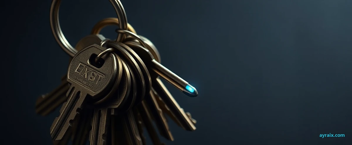 A ring of keys with all but one faded into shadow, the remaining key lit cyan — ayraix.com