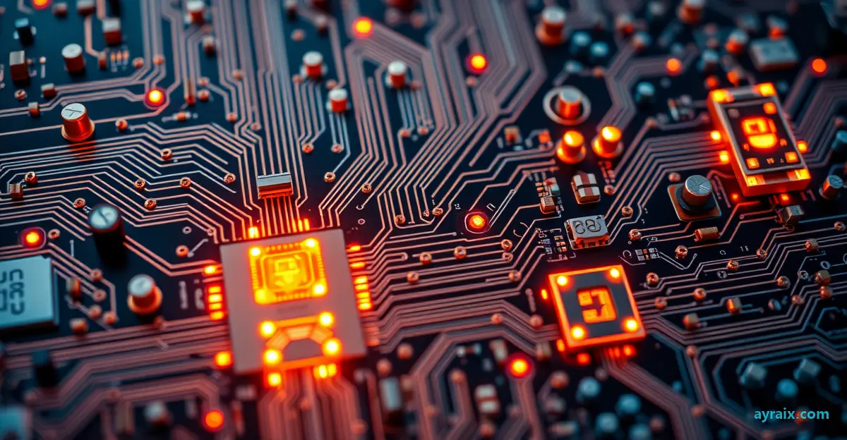 A circuit board with glowing components