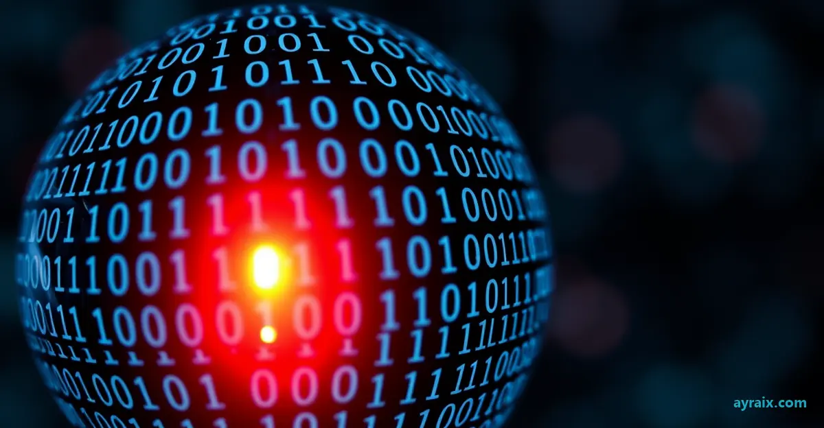 Binary code sphere with a red warning light
