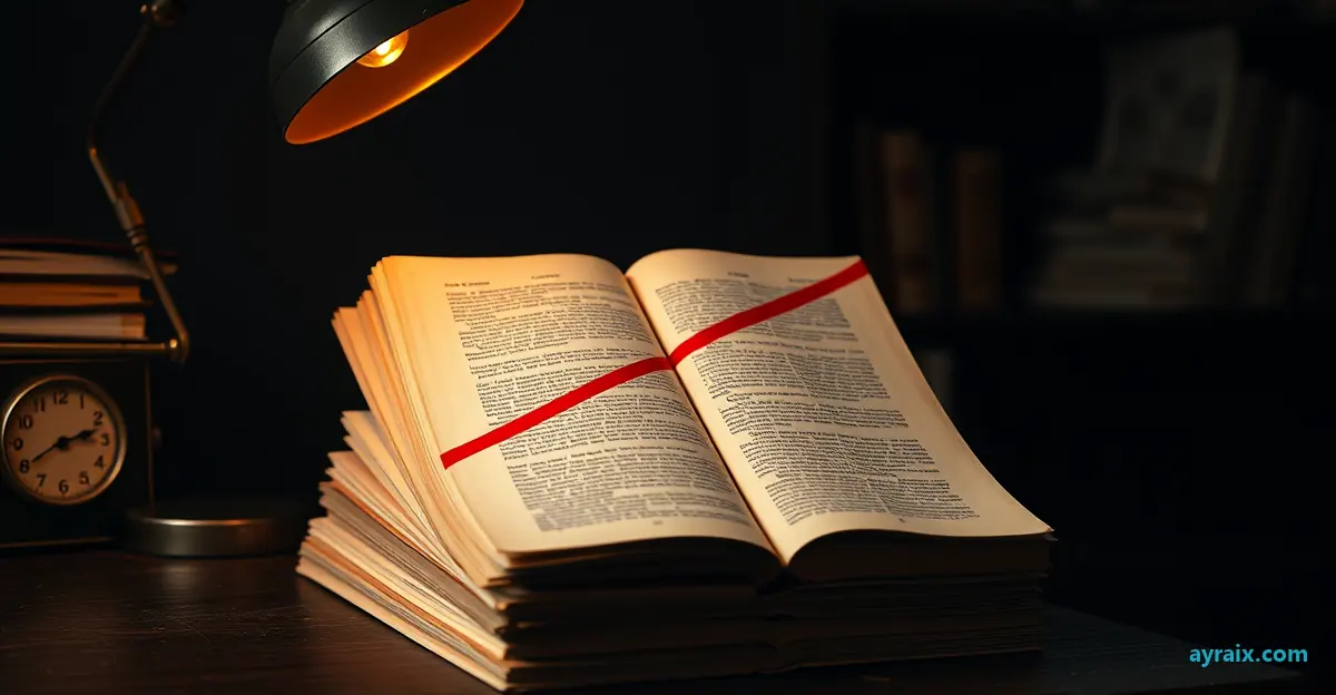 An open journal on a dark desk with a bold red line struck diagonally across its pages, ayraix.com