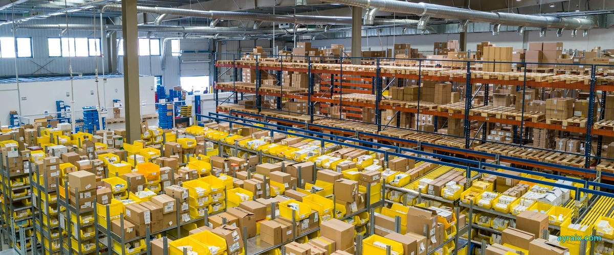A real warehouse packed with cartons and yellow bins — ayraix.com