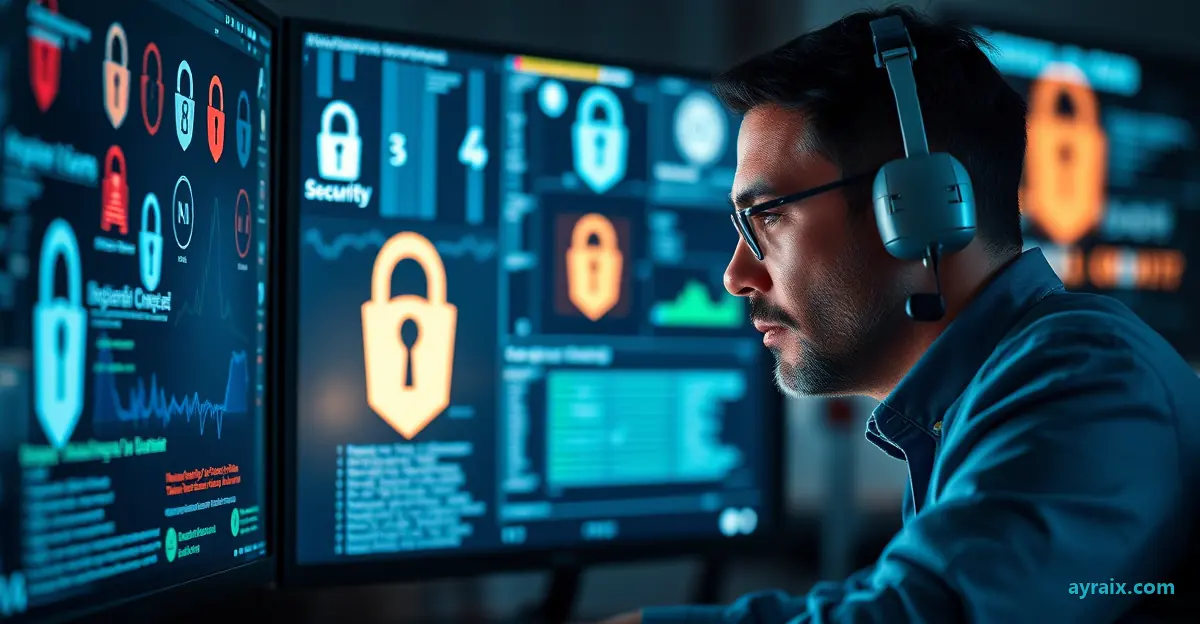 A security analyst reviewing a computer screen with various security symbols and data streams.