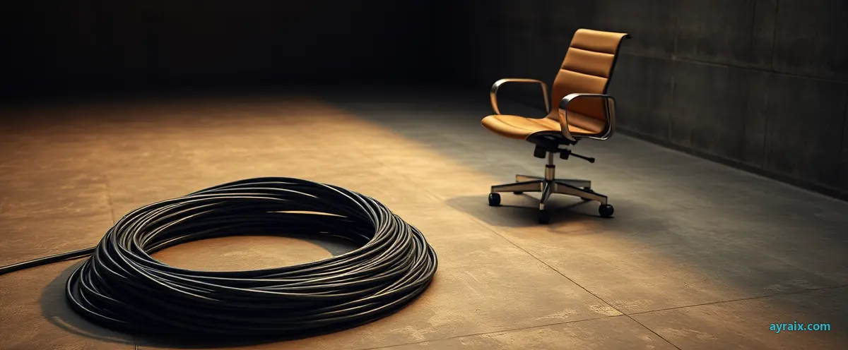 A coil of black cable on a concrete floor beside one empty office chair.