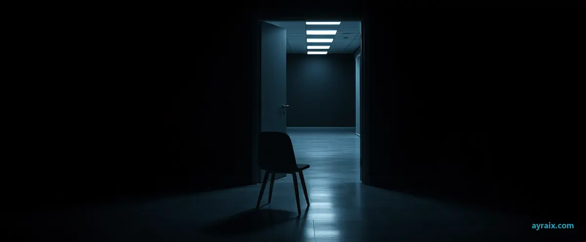An open doorway at the end of a dark office floor, one chair left in the foreground.