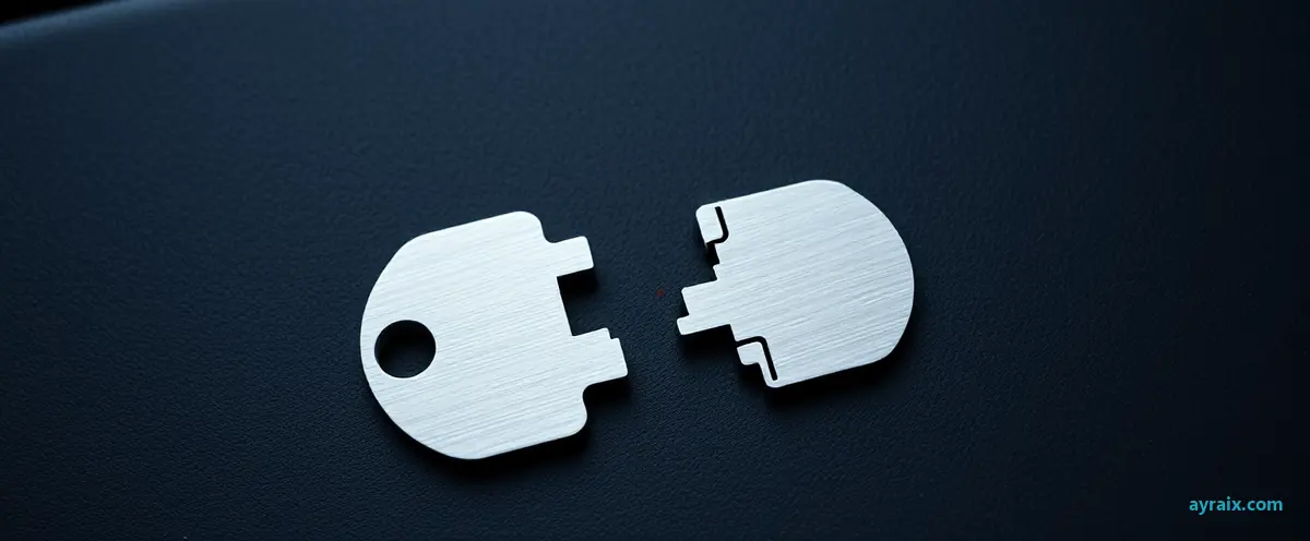 A blank metal key snapped in half on a dark workbench.