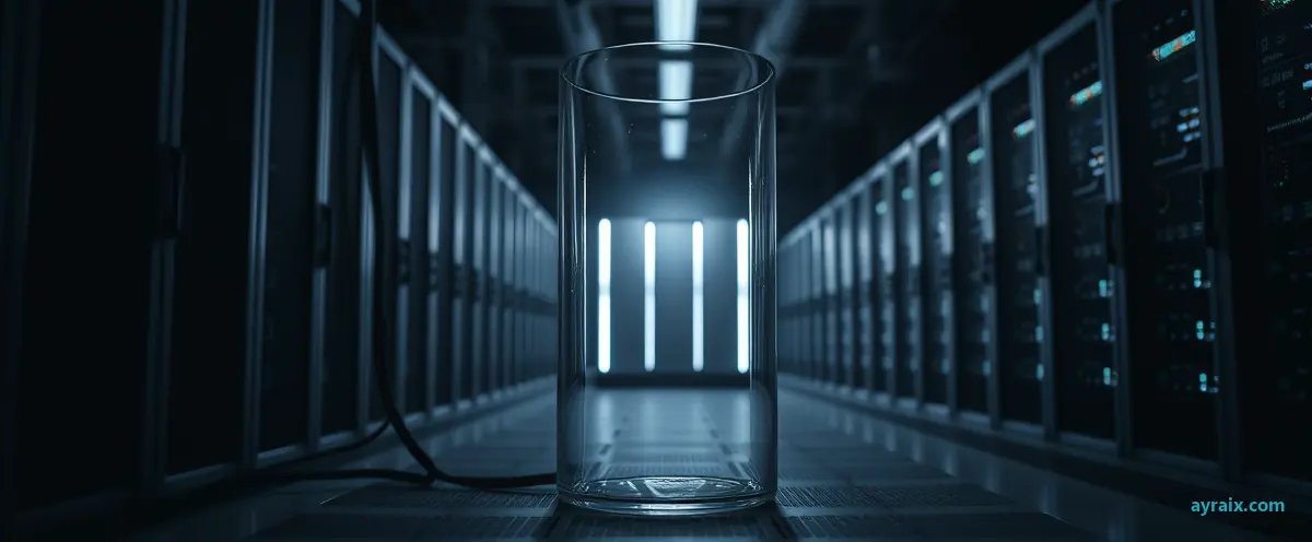 An empty glass cylinder in a dark hall, with a live cable running outside the glass into a distant rack.