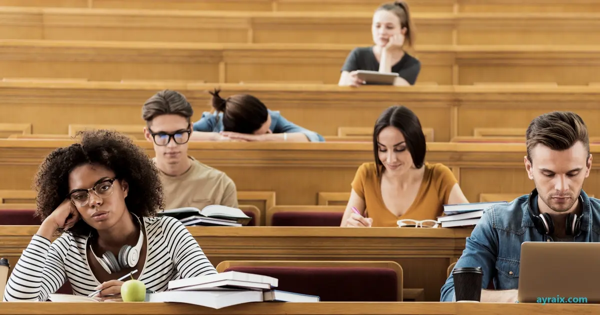 Diverse group of university students in a lecture hall, several visibly disengaged, one asleep on the desk