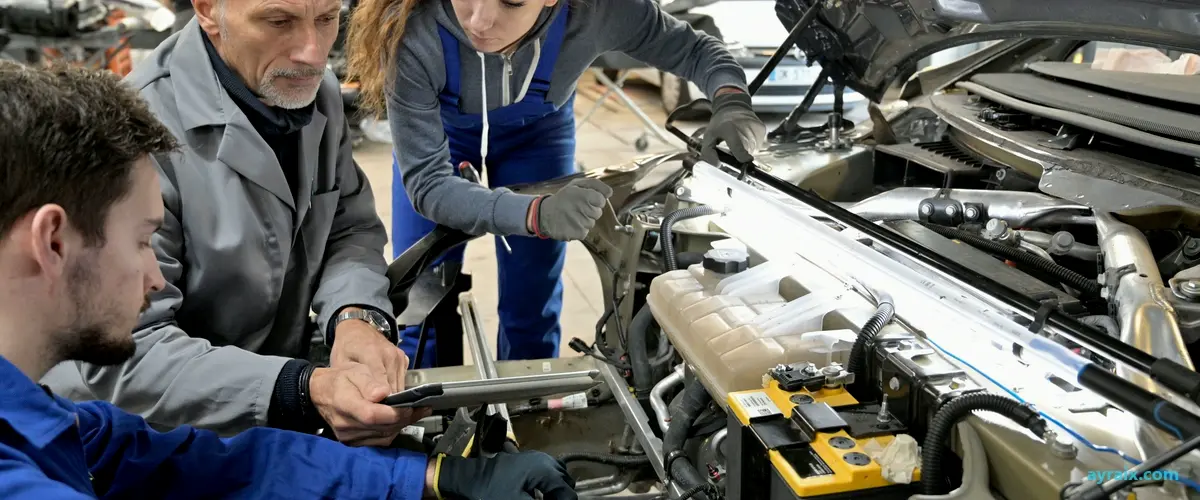 Instructor guiding two young trainees working on a car engine in a vocational workshop