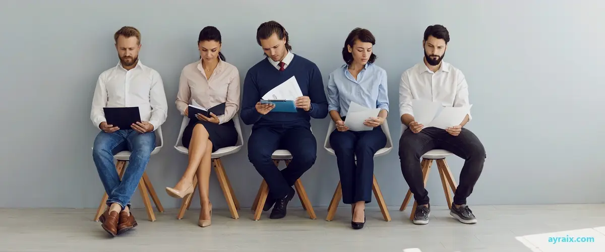 Row of job seekers with resumes waiting in line for interviews