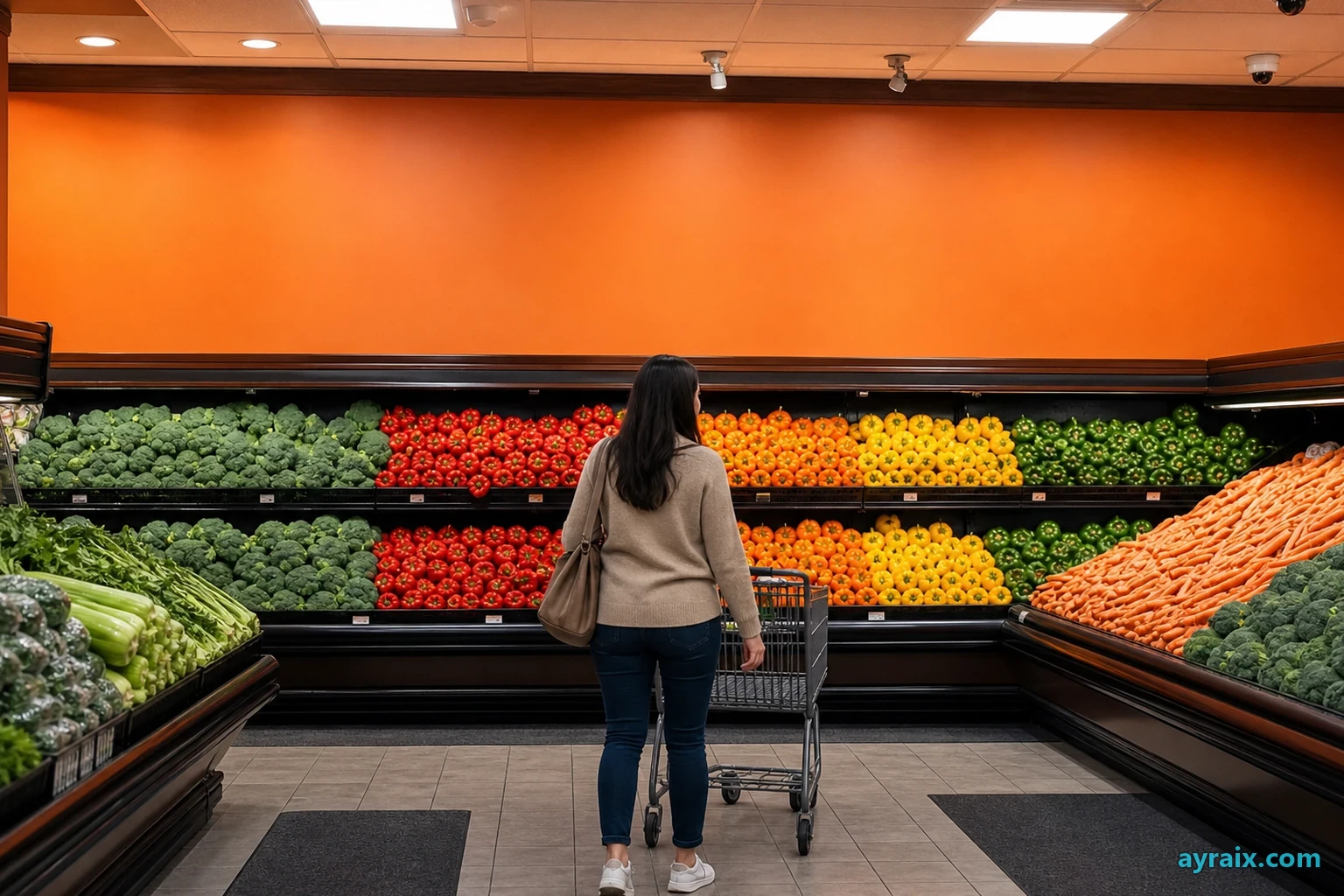 Bright supermarket aisle with visible ceiling cameras — path analytics already here; biometric modules sold as next
