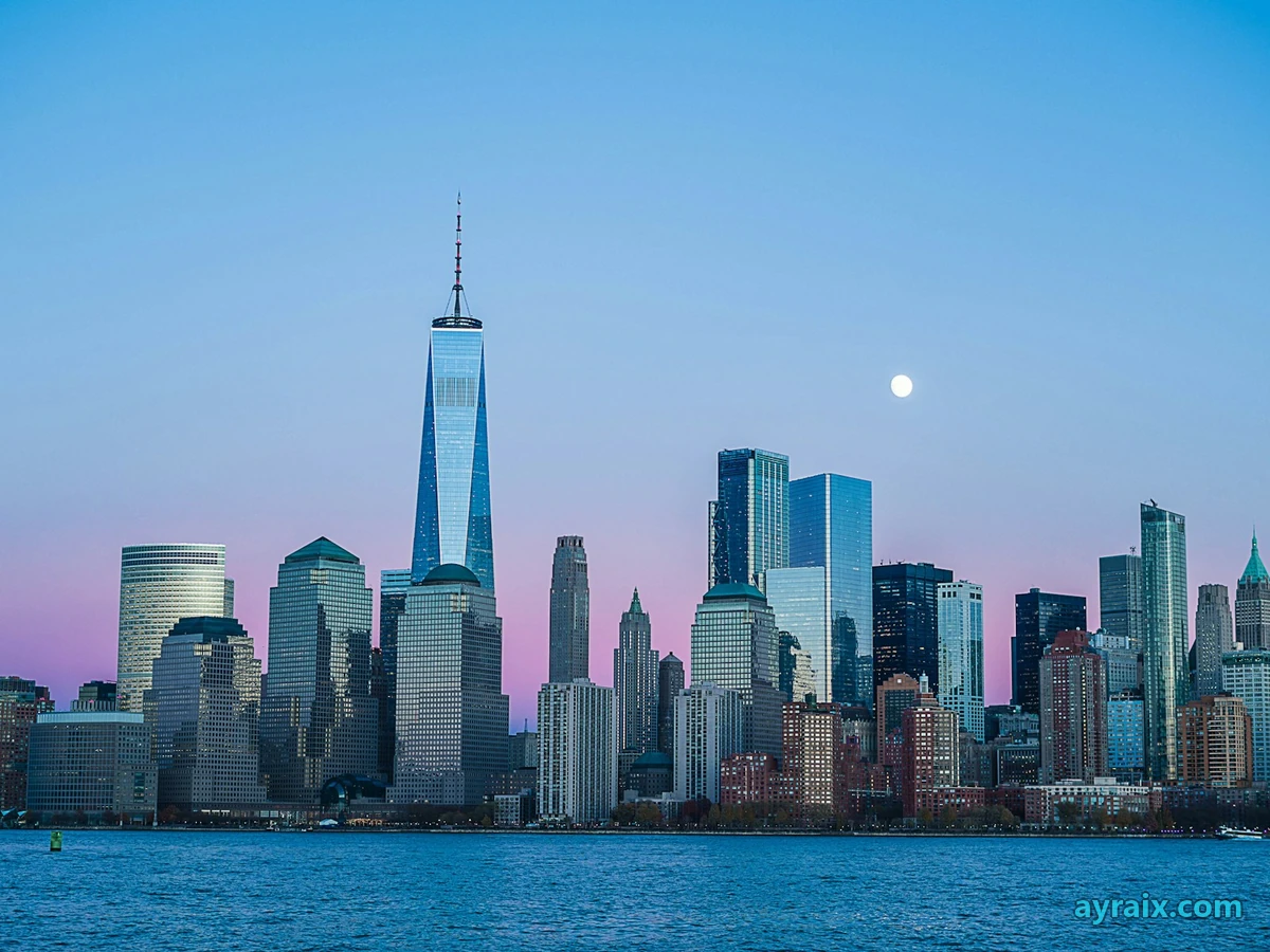 Twilight city skyline across water with lit skyscrapers under a soft dusk sky