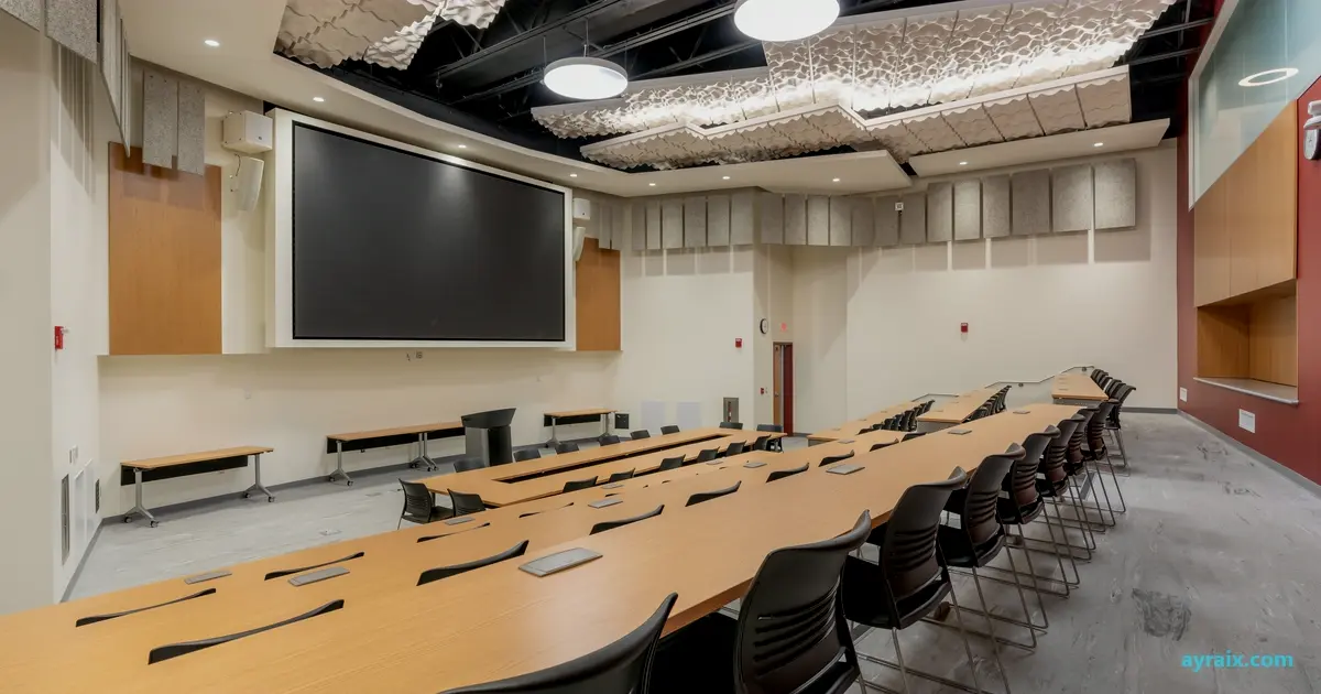 Empty lecture hall with a blank projector screen and rows of unused seats