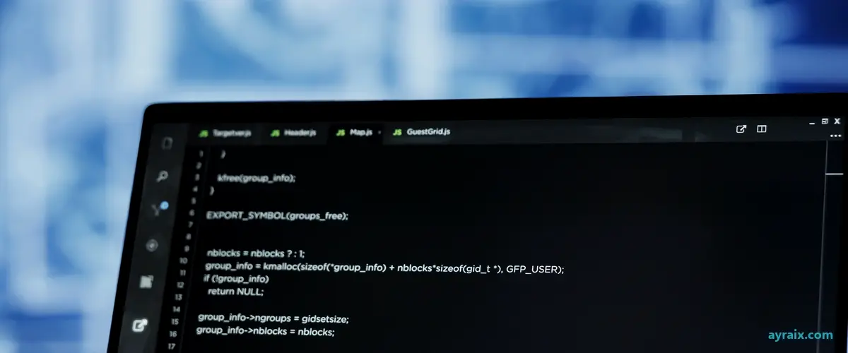Developer working late at a laptop with AI-generated code and neural network visualizations