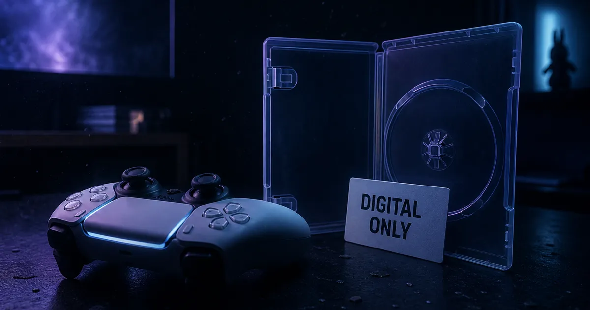 Empty game case labeled digital only beside a controller — ayraix.com on PlayStation ending physical discs