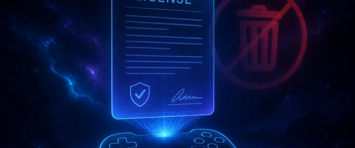 Abstract license document floating above a game pad — ownership as permission
