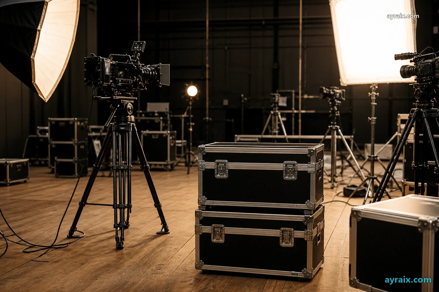 Film sound stage with cameras and softboxes — union lines for bodies that never clock in