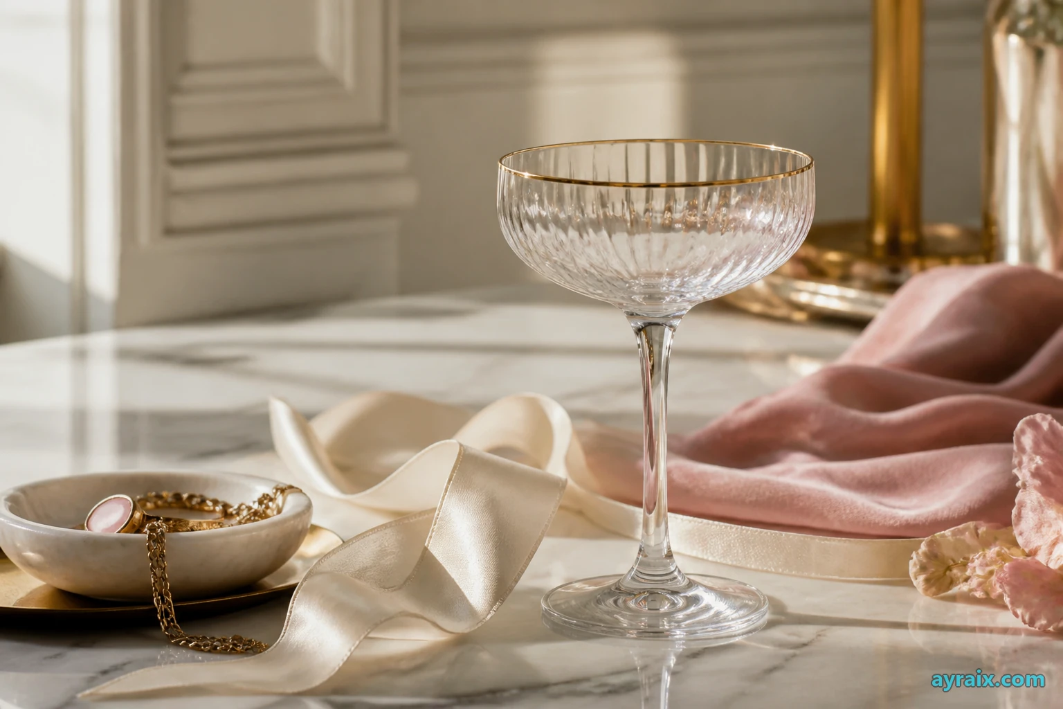Champagne coupe and silk ribbon — celebrity lifestyle editorial