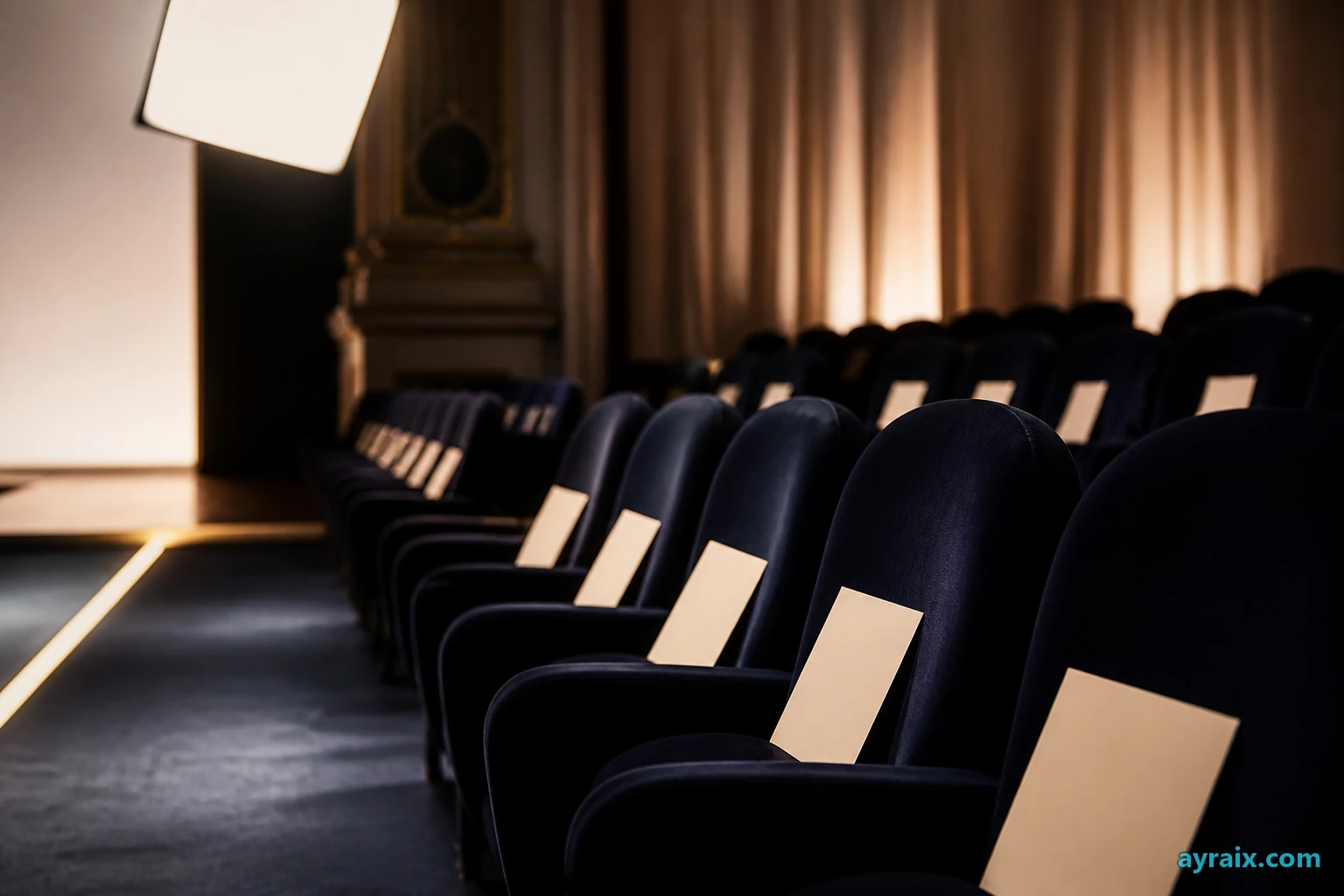 Empty fashion-week front-row seats under softbox glow — waiting-room spectacle