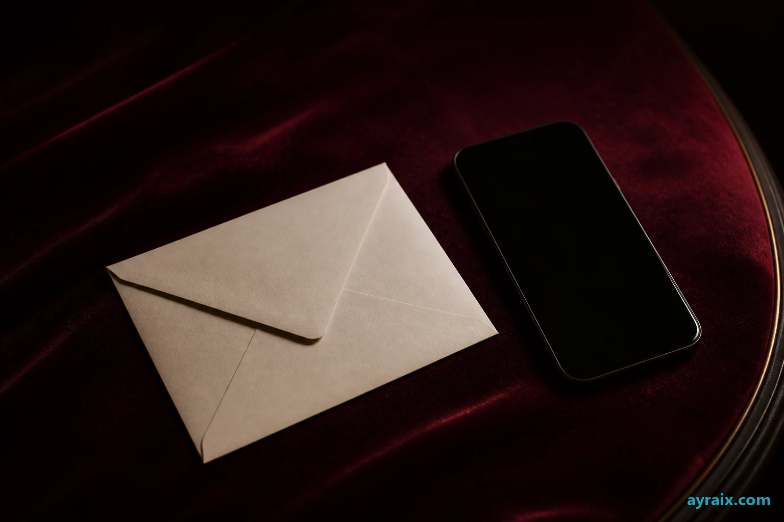 Sealed invitation and face-down phone on velvet — privacy still life