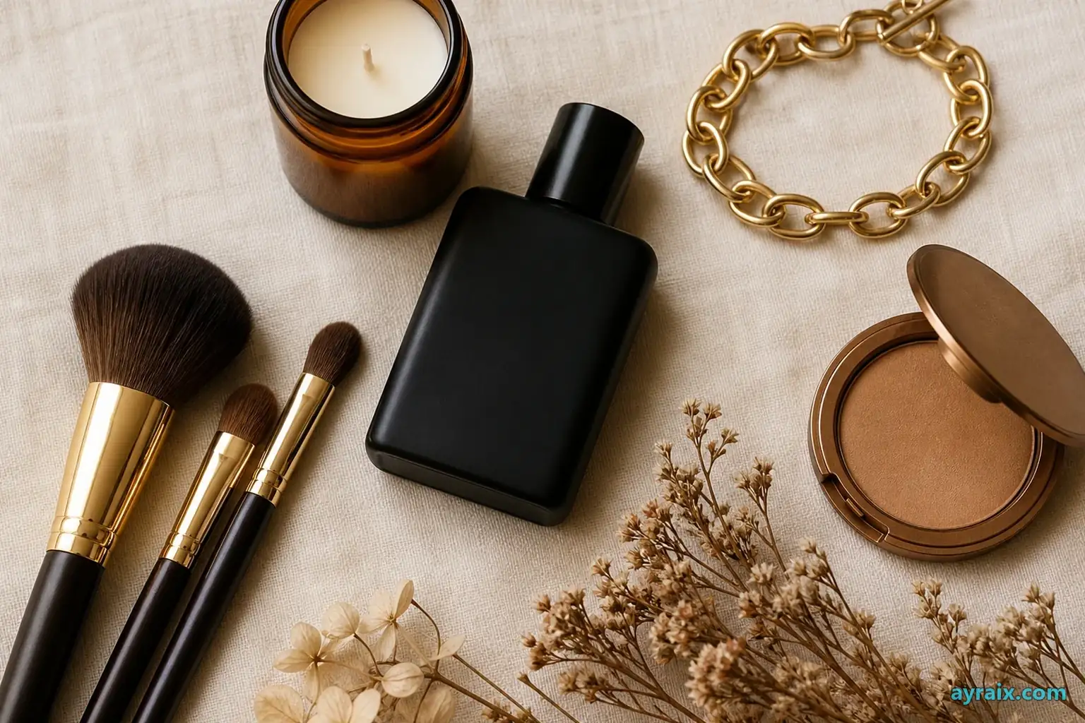Quiet-luxury flat lay: blank black bottle, gold bracelet, makeup brushes, amber candle on linen