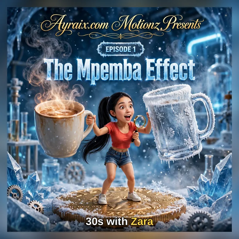 Zara holding a steaming mug and a frozen glass, standing on a giant coin — 30s with Zara Episode 1, The Mpemba Effect