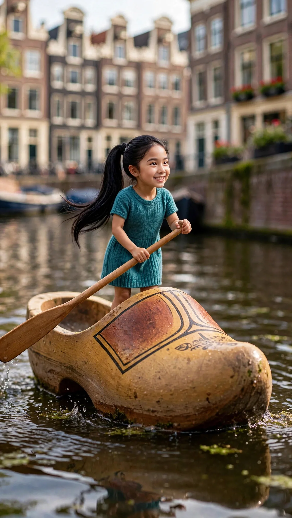 Tiny Zara paddling a wooden clog on an Amsterdam canal, face fully visible