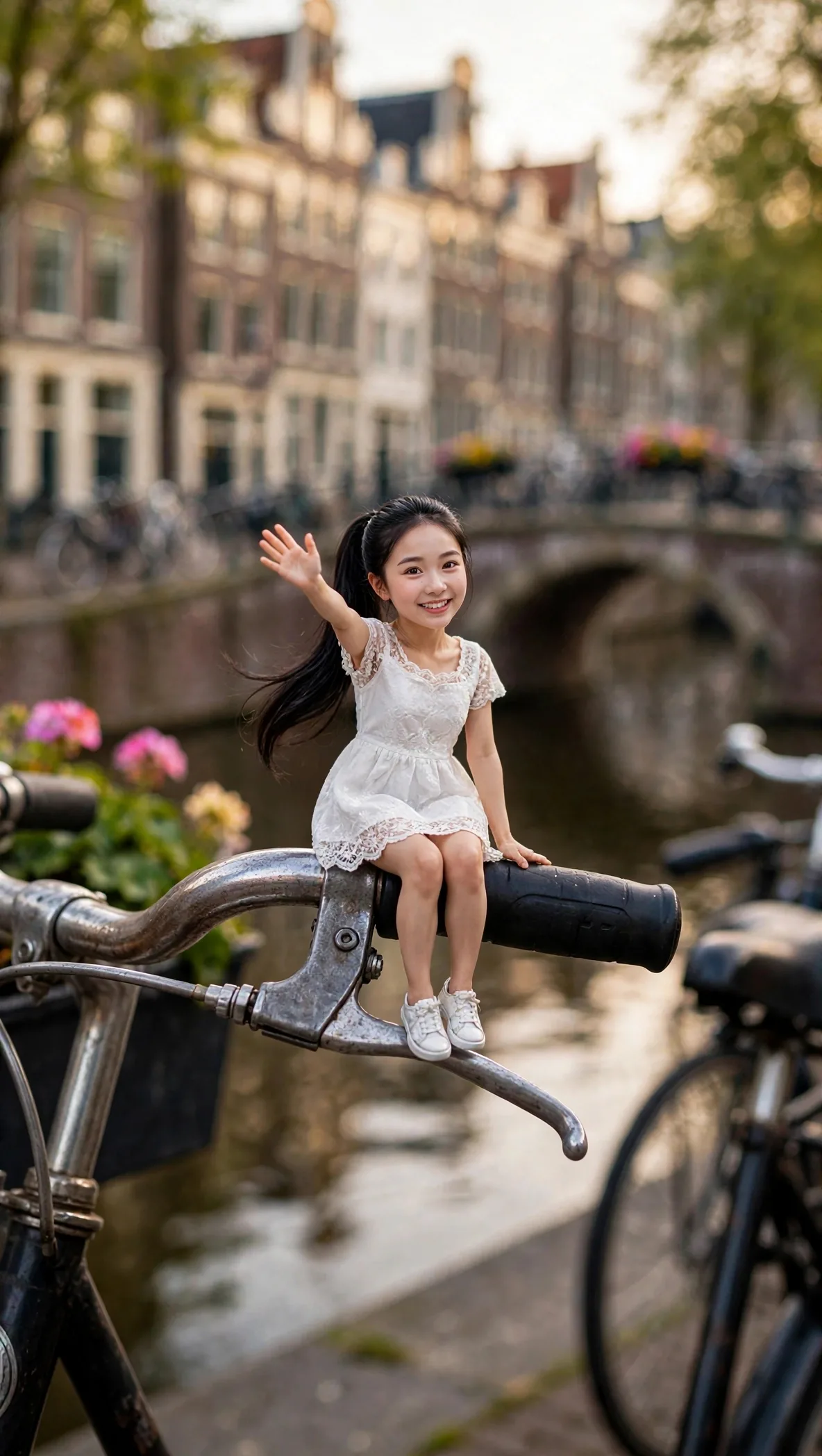 Tiny Zara, full face visible, perched on a bicycle handlebar beside a Jordaan canal