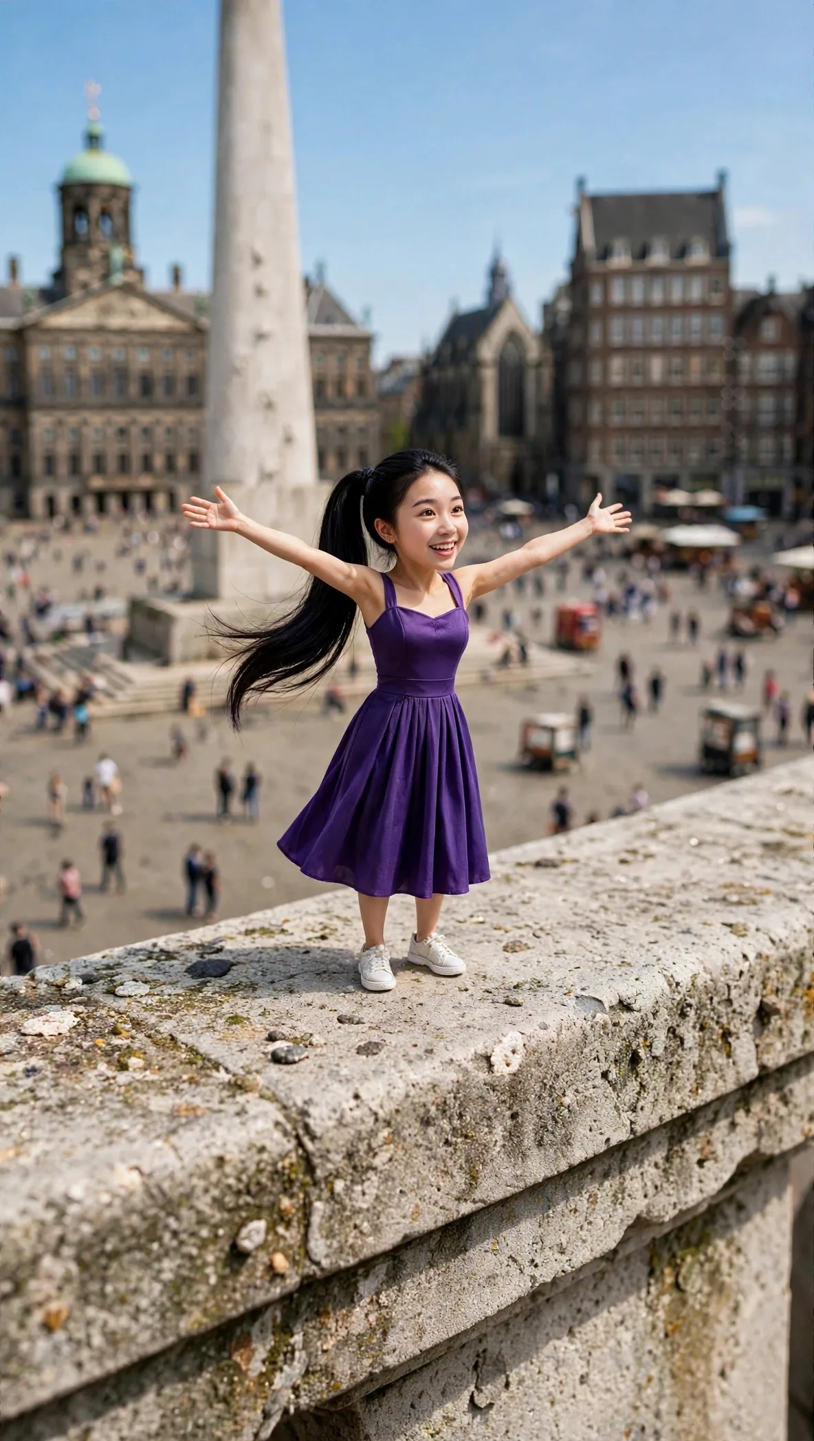 Zara, full face visible, overlooking Dam Square in Amsterdam